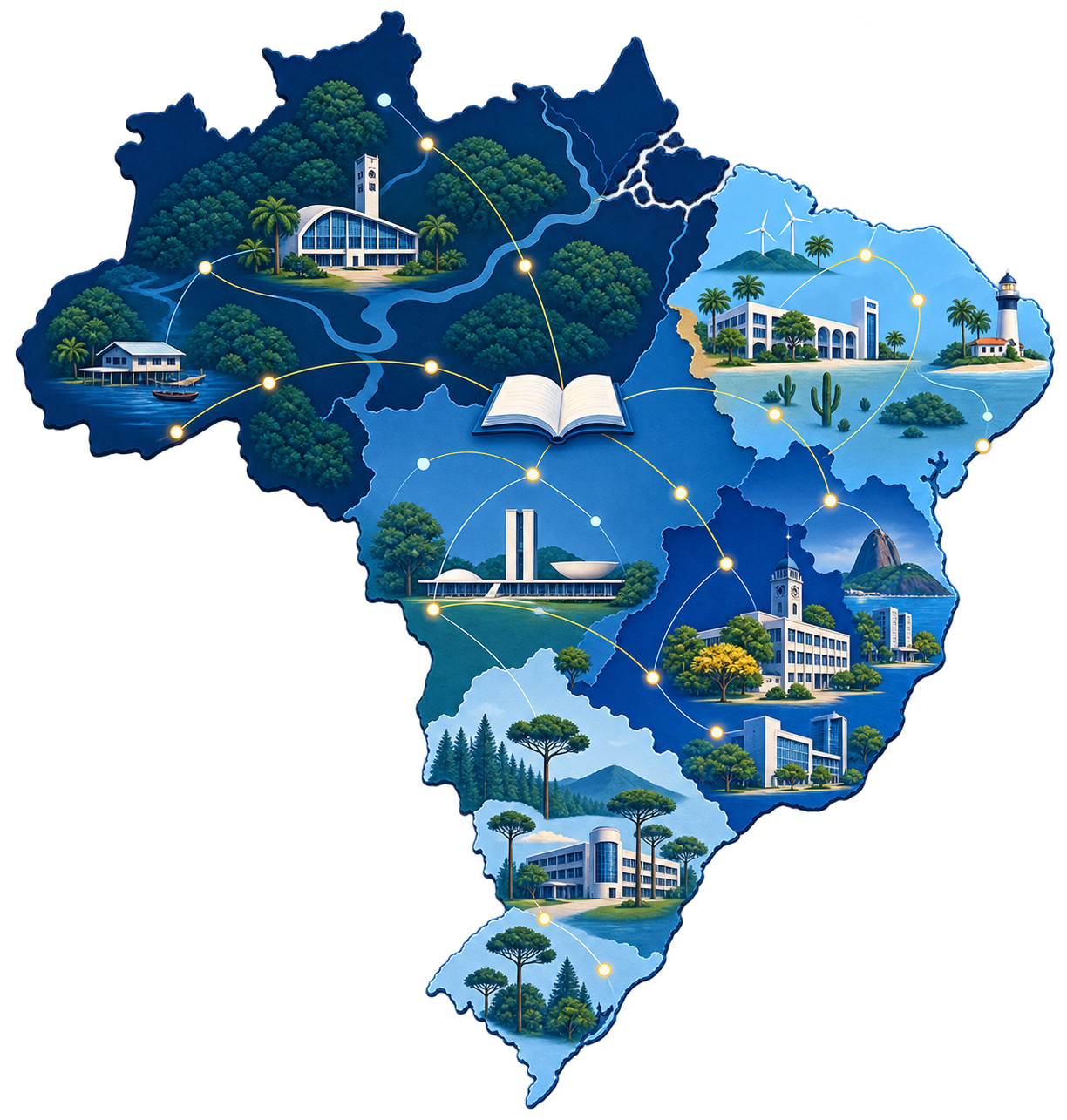 Ilustração do mapa do Brasil com instituições de ensino distribuídas pelas cinco regiões
